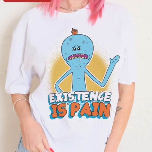 Close-up of Existence is Pain Mr Meeseeks Rick and Morty Graphic Tee for Men Women for streetwear fans in Chicago, Illinois