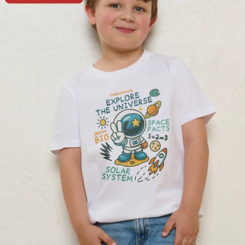 Explore The Universe Dream Big Space Facts Solar System Kids Astronaut Tee on a hanger, ready to ship from Chicago, Illinois