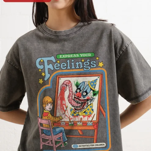 Express Your Feelings Activities For Children Retro Horror Clown Acid Wash Tee on a hanger, ready to ship from Chicago, Illinois