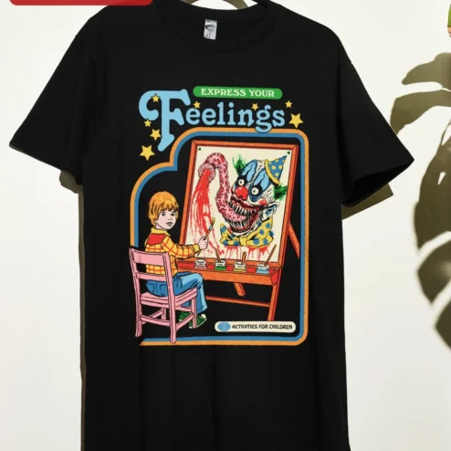 Express Your Feelings Activities For Children Retro Horror Clown Tee on a hanger, ready to ship from Chicago, Illinois