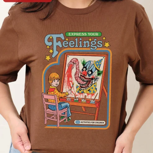Customer in Chicago, Illinois wearing Express Your Feelings Activities For Children Retro Horror Clown Tee