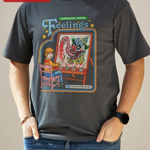 Close-up of Express Your Feelings Activities For Children Retro Horror Clown Tee for streetwear fans in Chicago, Illinois