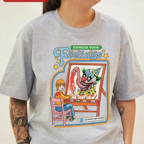 Customer in Chicago, Illinois wearing Express Your Feelings Activities For Children Retro Horror Clown Tee