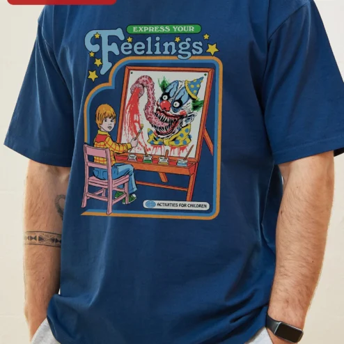 Close-up of Express Your Feelings Activities For Children Retro Horror Clown Tee for streetwear fans in Chicago, Illinois