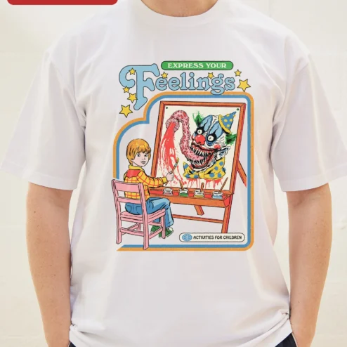 Customer in Chicago, Illinois wearing Express Your Feelings Activities For Children Retro Horror Clown Tee
