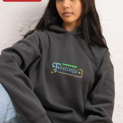 Customer in Chicago, Illinois wearing Express Your Feelings Hoodie Retro Vintage Typography Mental Health Awareness Gift for Men