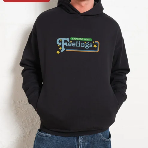 Close-up of Express Your Feelings Hoodie Retro Vintage Typography Mental Health Awareness Gift for Men for streetwear fans in Chicago, Illinois