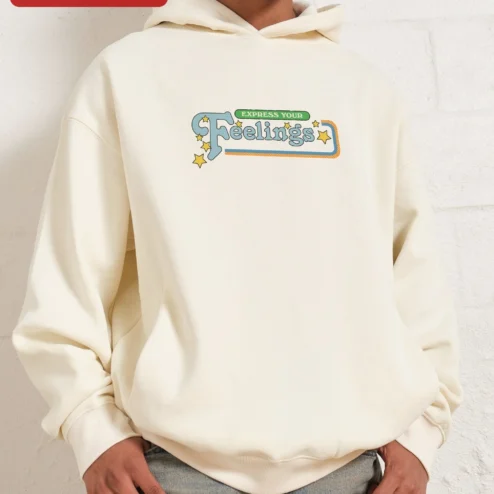 Customer in Chicago, Illinois wearing Express Your Feelings Hoodie Retro Vintage Typography Mental Health Awareness Gift for Men
