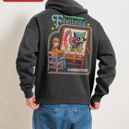 Customer in Chicago, Illinois wearing Express Your Feelings Hoodie Retro Vintage Typography Mental Health Awareness Gift for Men