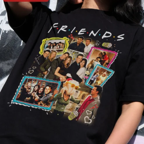 F.R.I.E.N.D.S Cast Collage Graphic Tee Vintage Sitcom Pop Culture Shirt for Women Men on a hanger, ready to ship from Chicago, Illinois