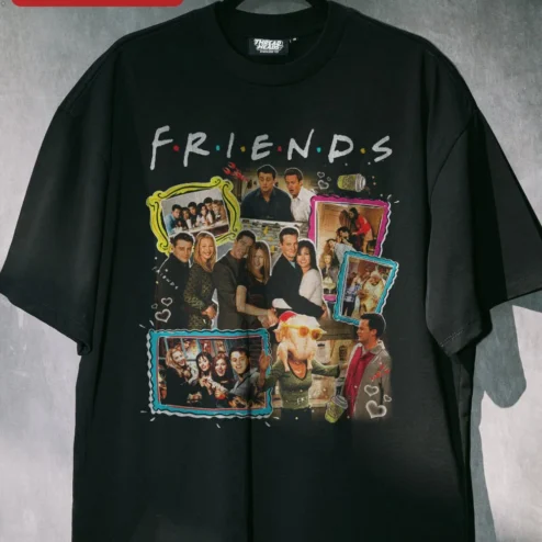 Customer in Chicago, Illinois wearing F.R.I.E.N.D.S Cast Collage Graphic Tee Vintage Sitcom Pop Culture Shirt for Women Men