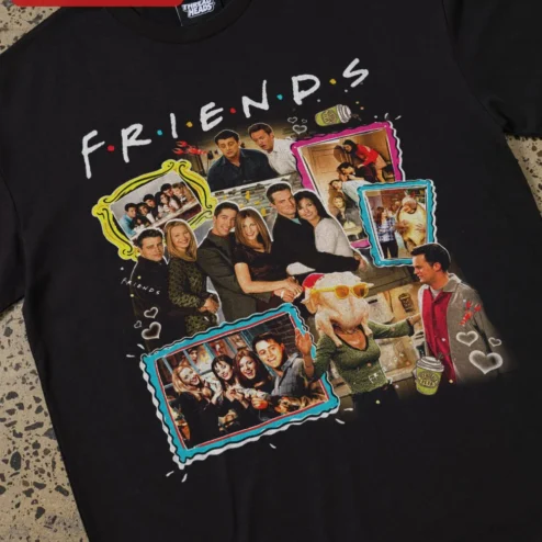 Close-up of F.R.I.E.N.D.S Cast Collage Graphic Tee Vintage Sitcom Pop Culture Shirt for Women Men for streetwear fans in Chicago, Illinois