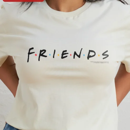 Customer in Chicago, Illinois wearing F.R.I.E.N.D.S Logo Graphic Tee Vintage Sitcom Merch Pop Culture Gift for Women Men