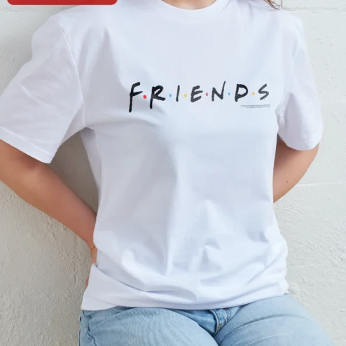 Close-up of F.R.I.E.N.D.S Logo Graphic Tee Vintage Sitcom Merch Pop Culture Gift for Women Men for streetwear fans in Chicago, Illinois