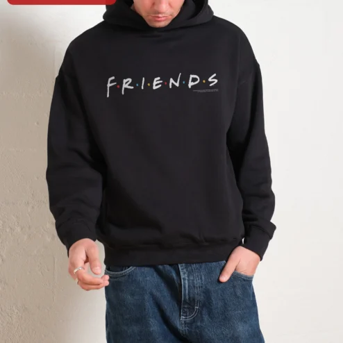 F.R.I.E.N.D.S. Logo Hoodie Friends TV Show Merch Unisex Pullover Sweatshirt on a hanger, ready to ship from Chicago, Illinois