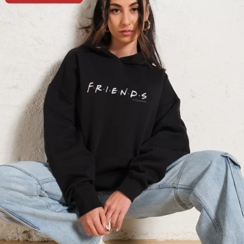 Close-up of F.R.I.E.N.D.S. Logo Hoodie Friends TV Show Merch Unisex Pullover Sweatshirt for streetwear fans in Chicago, Illinois