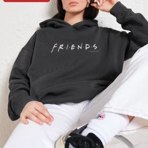 Customer in Chicago, Illinois wearing F.R.I.E.N.D.S. Logo Hoodie Friends TV Show Merch Unisex Pullover Sweatshirt