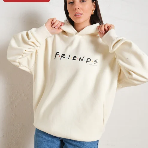 Close-up of F.R.I.E.N.D.S. Logo Hoodie Friends TV Show Merch Unisex Pullover Sweatshirt for streetwear fans in Chicago, Illinois