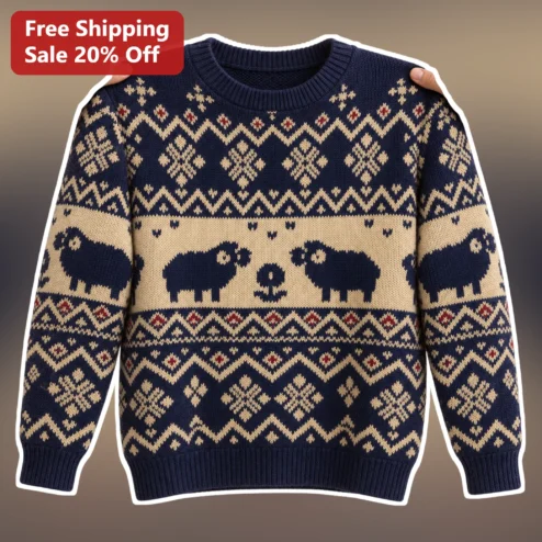 Fair Isle Sheep Sweater Women Men Cozy Nordic Knit Pullover Holiday Gift
