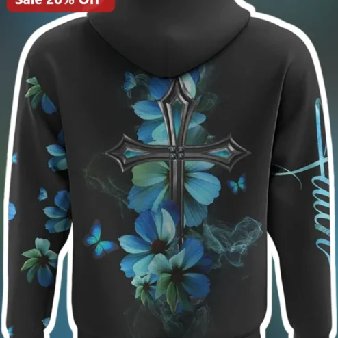 Faith Hoodie Christian Cross Blue Flower Butterfly Print Pullover for Women Men