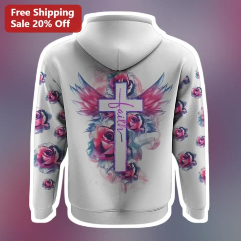 Faith Hoodie Christian Women Floral Cross Angel Wings Sweatshirt