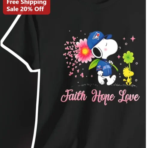 Faith Hope Love Snoopy Blue Jays Breast Cancer Awareness Tee