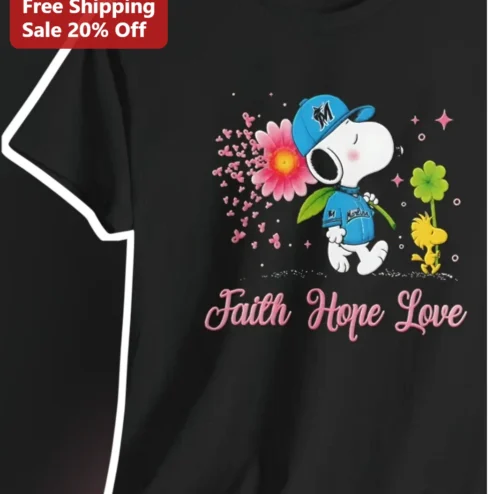 Faith Hope Love Snoopy Miami Marlins Breast Cancer Awareness Tee