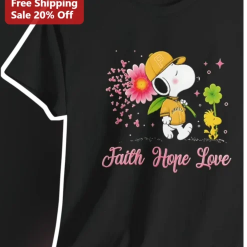 Faith Hope Love Snoopy Tee Black Cotton Shirt Peanuts Cartoon Woodstock Baseball Gift