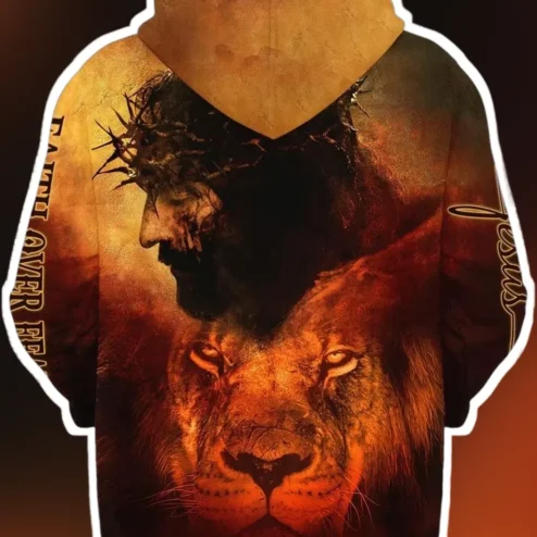 Faith Over Fear Jesus Christ Lion of Judah Hoodie Christian All-Over Print Gift