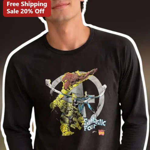 Fantastic Four Long Sleeve Tee Vintage Distressed Number 4 Logo Marvel Comic Book Graphic Shirt for Men Women
