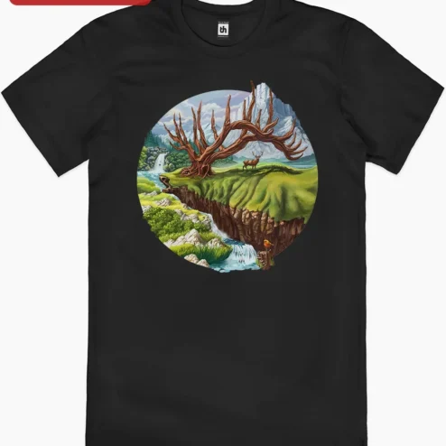 Close-up of Fantasy Nature Scene With Stag And Antler Tree Tee for streetwear fans in Chicago, Illinois