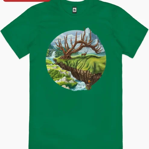 Customer in Chicago, Illinois wearing Fantasy Nature Scene With Stag And Antler Tree Tee
