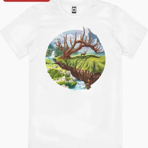 Close-up of Fantasy Nature Scene With Stag And Antler Tree Tee for streetwear fans in Chicago, Illinois