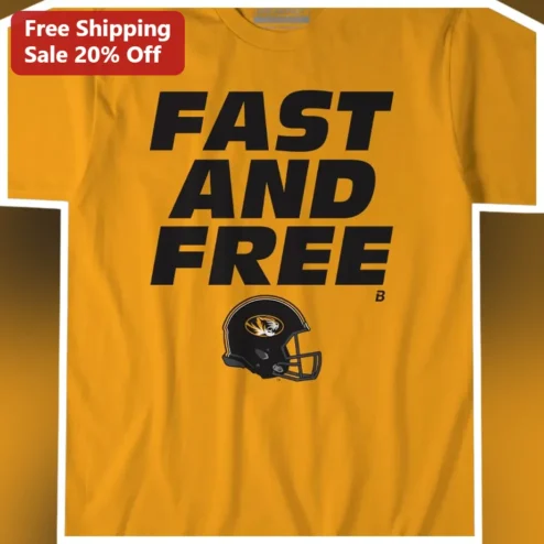 Fast and Free Missouri Tigers Football Helmet Tee Gold Black Varsity College Fan Gear