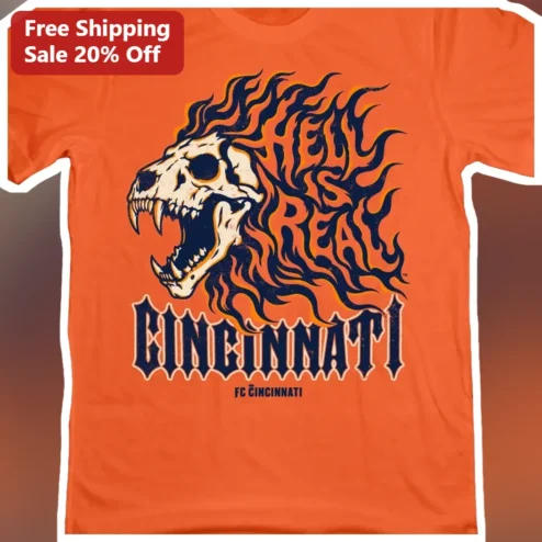 FC Cincinnati Tee Orange Lion Skull Flaming Mane MLS Soccer Fan Gear