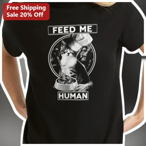 Feed Me Human Cat Chef Graphic Tee Funny Horror Halloween Gift for Pet Lovers