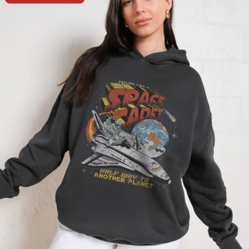 Feeling Like A Space Cadet Half Way To Another Planet Hoodie Retro Astronaut Graphic Pullover on a hanger, ready to ship from Chicago, Illinois