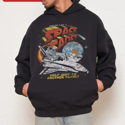 Close-up of Feeling Like A Space Cadet Half Way To Another Planet Hoodie Retro Astronaut Sci-Fi Humor Gift for streetwear fans in Chicago, Illinois