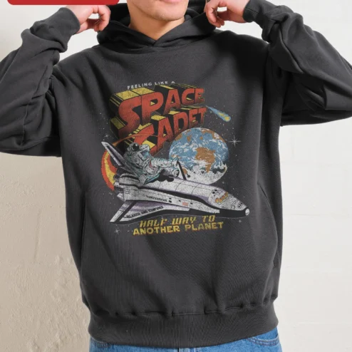 Customer in Chicago, Illinois wearing Feeling Like A Space Cadet Half Way To Another Planet Hoodie Retro Astronaut Sci-Fi Humor Gift