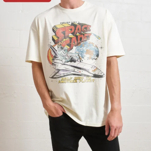 Close-up of Feeling Like A Space Cadet Half Way To Another Planet Retro Astronaut Graphic Tee for streetwear fans in Chicago, Illinois