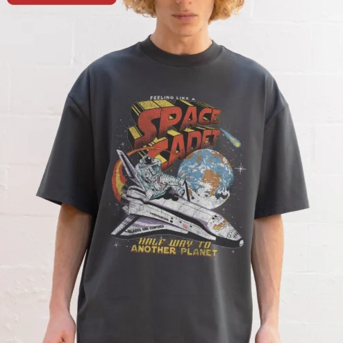 Customer in Chicago, Illinois wearing Feeling Like A Space Cadet Half Way To Another Planet Tee Retro Astronaut Graphic Shirt Sci-Fi Humor