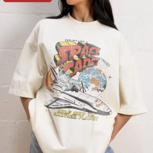 Customer in Chicago, Illinois wearing Feeling Like A Space Cadet Half Way To Another Planet Tee Retro Astronaut Graphic Shirt Sci-Fi Humor