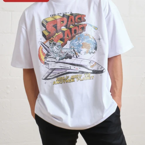 Close-up of Feeling Like A Space Cadet Half Way To Another Planet Tee Retro Astronaut Graphic Shirt Sci-Fi Humor for streetwear fans in Chicago, Illinois