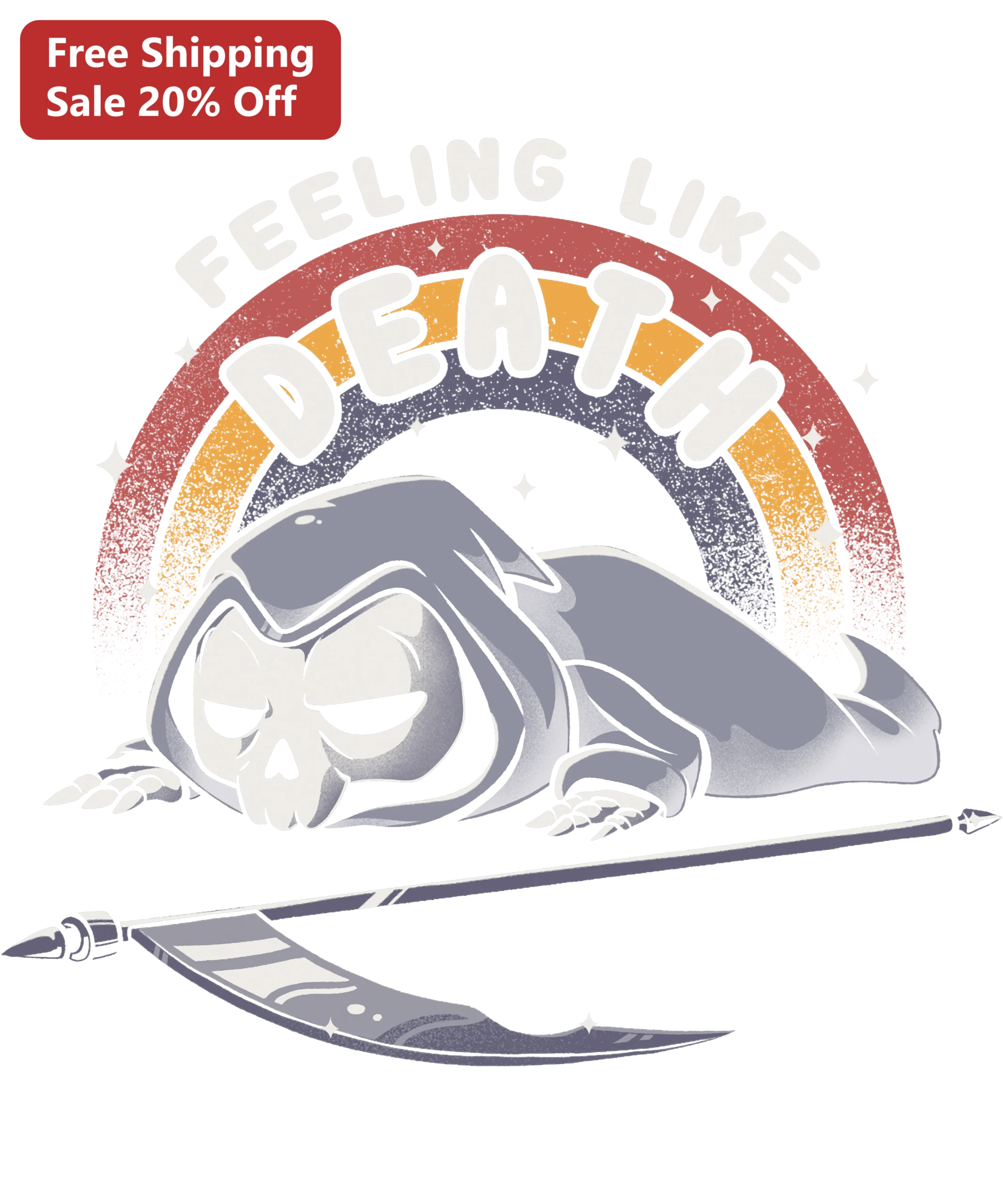Feeling Like Death Funny Lazy Grim Reaper Skull Graphic Tee Retro Vintage Sunset T-Shirt