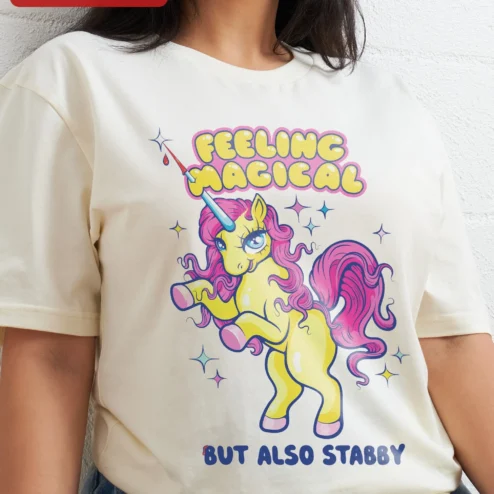 Customer in Chicago, Illinois wearing Feeling Magical But Also Stabby Unicorn Graphic Tee Funny Fantasy Humor Shirt