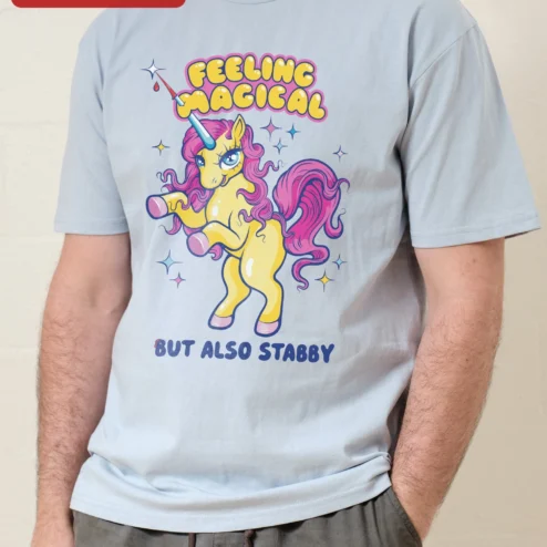 Close-up of Feeling Magical But Also Stabby Unicorn Graphic Tee Funny Fantasy Humor Shirt for streetwear fans in Chicago, Illinois