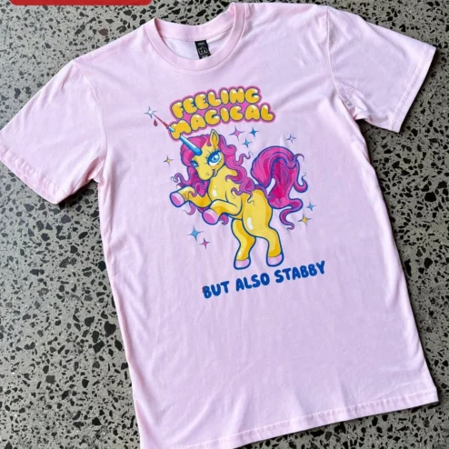Feeling Magical But Also Stabby Unicorn Graphic Tee Funny Fantasy Humor Shirt