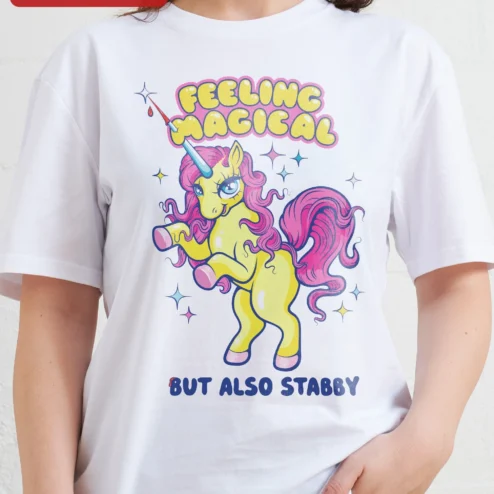 Close-up of Feeling Magical But Also Stabby Unicorn Graphic Tee Funny Fantasy Humor Shirt for streetwear fans in Chicago, Illinois