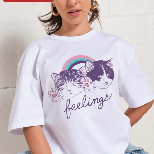 Feelings Sleeping Kittens Retro Rainbow Graphic Tee Unisex Cat Lover Gift on a hanger, ready to ship from Chicago, Illinois