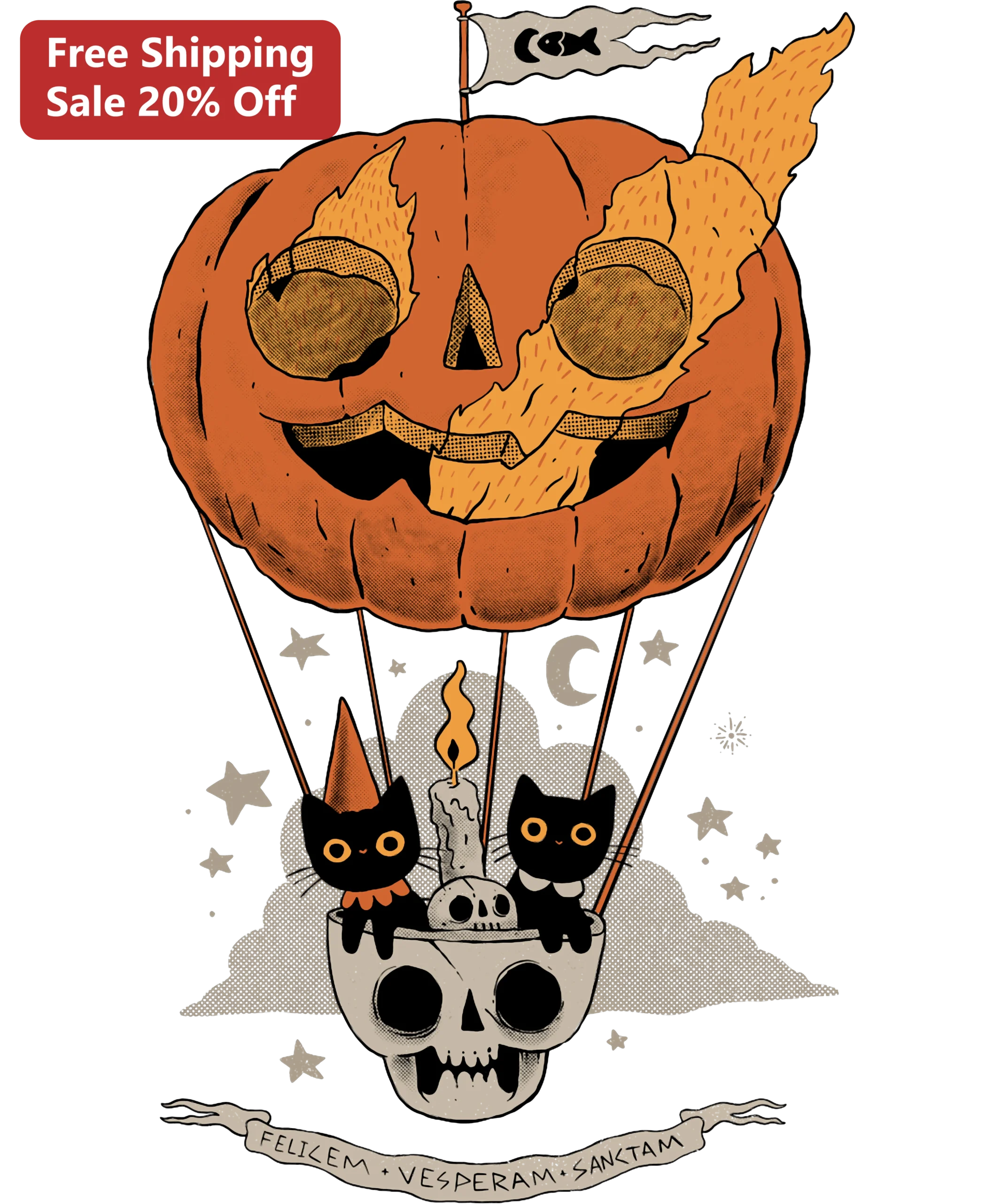 Felicem Vesperam Sanctam Halloween Tee Latin Happy Pumpkin Balloon Cats Shirt